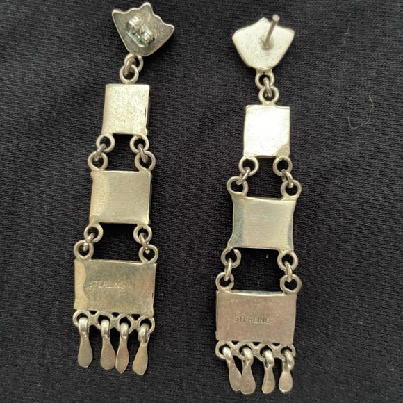 Zuni Native American: Turquoise Silver Petit Point Dangle Earrings - Picture 2 of 4